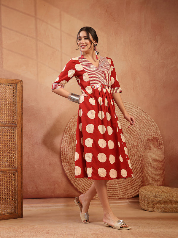 Stylum Women's Rust Block Printed Cotton Flared Dress (DRSRUSTDAPPER)