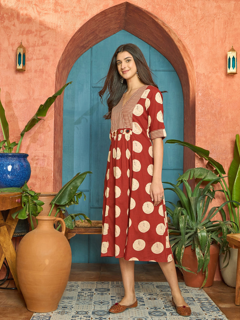 Stylum Women's Rust Block Printed Cotton Flared Dress (DRSRUSTDAPPER)