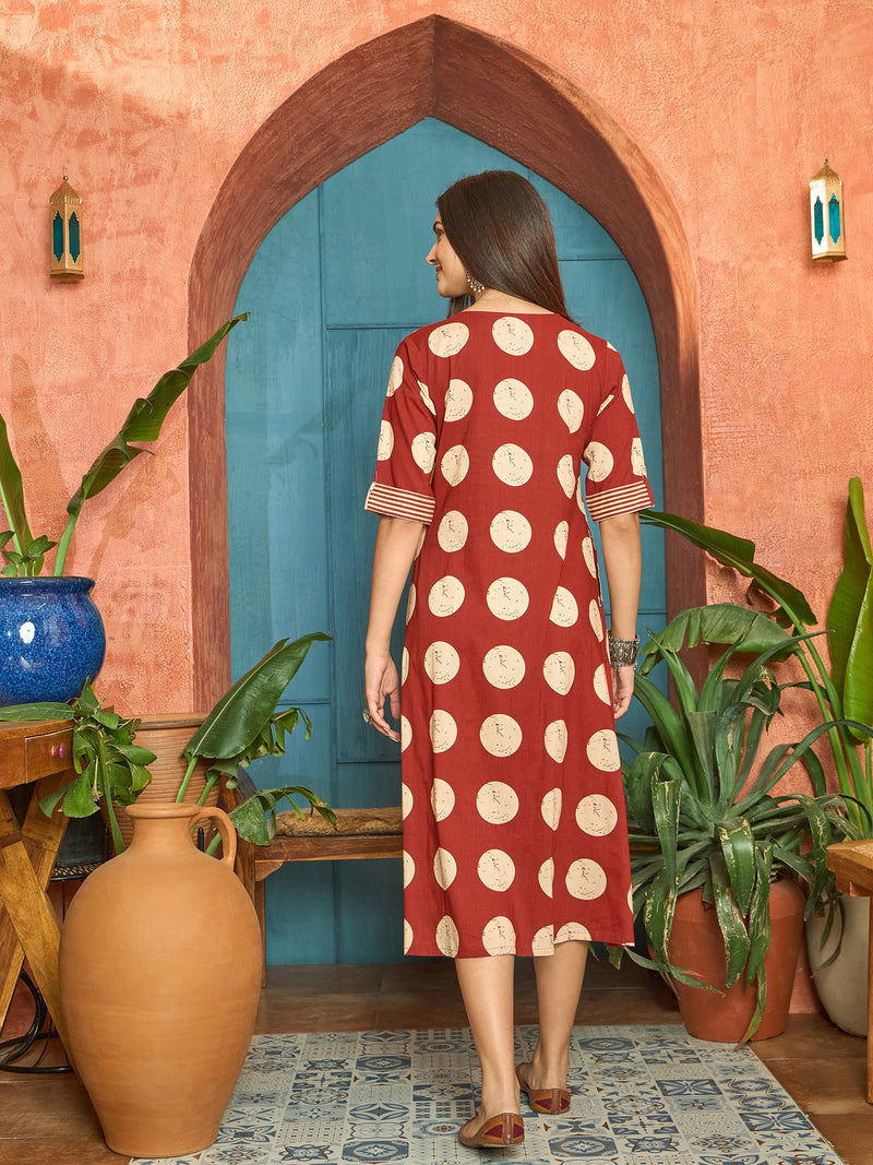 Stylum Women's Rust Block Printed Cotton Flared Dress (DRSRUSTDAPPER)