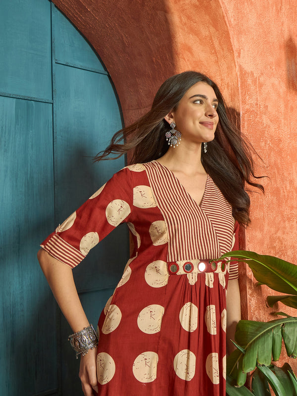 Stylum Women's Rust Block Printed Cotton Flared Dress (DRSRUSTDAPPER)