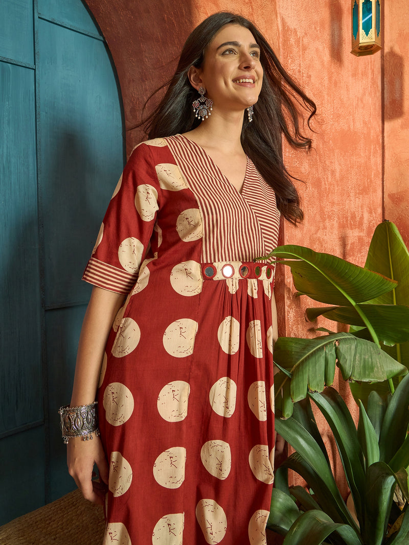 Stylum Women's Rust Block Printed Cotton Flared Dress (DRSRUSTDAPPER)