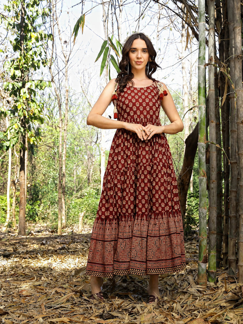 Stylum Women's Rust Ethnic Printed Cotton Tiered Dress (DRSRUSTLUIS)