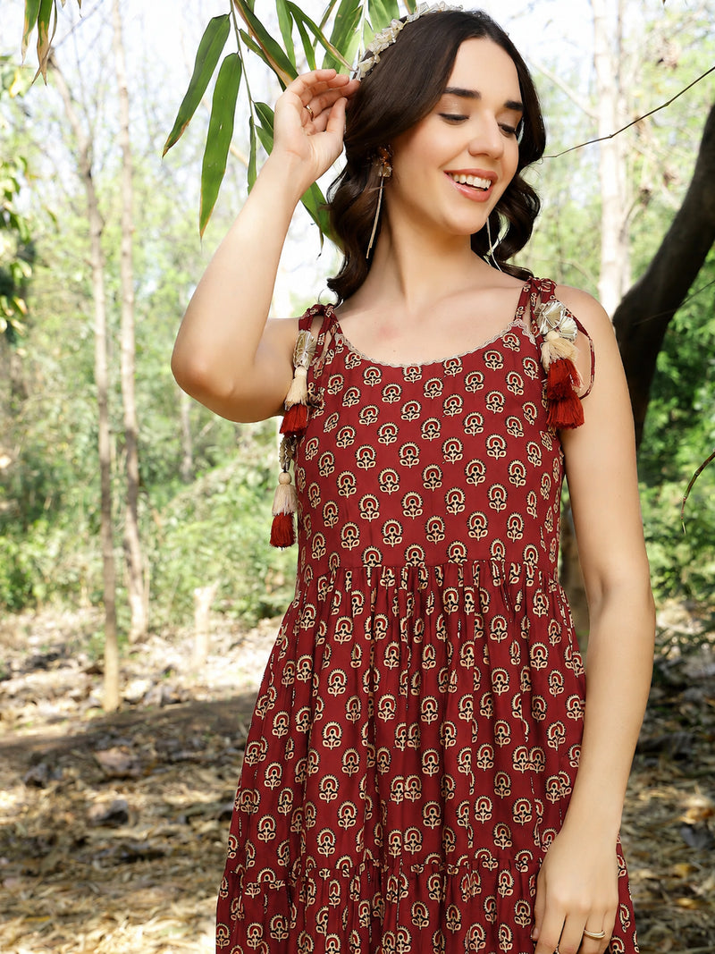 Stylum Women's Rust Ethnic Printed Cotton Tiered Dress (DRSRUSTLUIS)