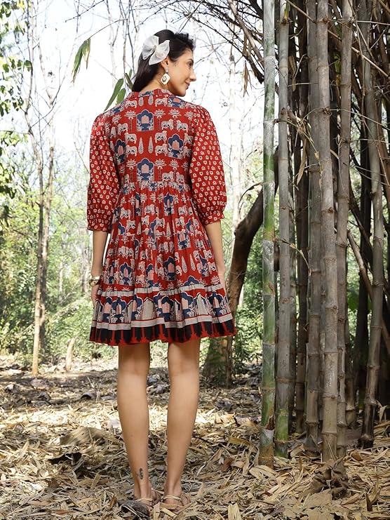 Stylum Women's Rust Ethnic Printed Cotton Flared Dress (DRSRUSTPORI)