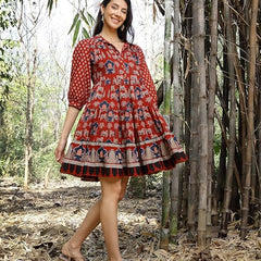 Stylum Women's Rust Ethnic Printed Cotton Flared Dress (DRSRUSTPORI)