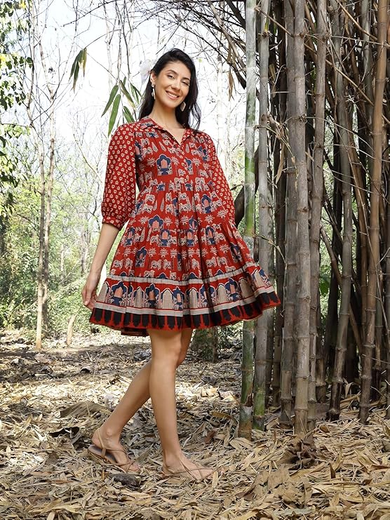 Stylum Women's Rust Ethnic Printed Cotton Flared Dress (DRSRUSTPORI)