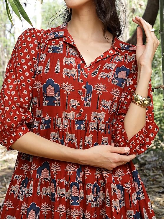 Stylum Women's Rust Ethnic Printed Cotton Flared Dress (DRSRUSTPORI)