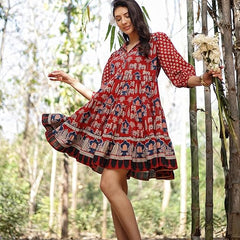 Stylum Women's Rust Ethnic Printed Cotton Flared Dress (DRSRUSTPORI)