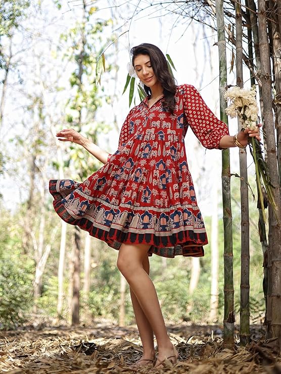 Stylum Women's Rust Ethnic Printed Cotton Flared Dress (DRSRUSTPORI)