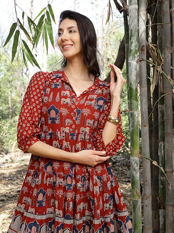 Stylum Women's Rust Ethnic Printed Cotton Flared Dress (DRSRUSTPORI)