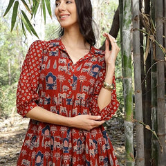 Stylum Women's Rust Ethnic Printed Cotton Flared Dress (DRSRUSTPORI)