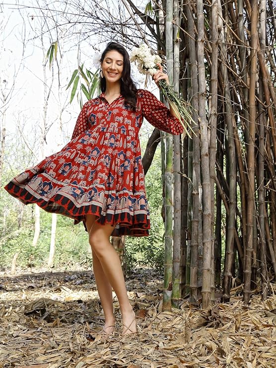Stylum Women's Rust Ethnic Printed Cotton Flared Dress (DRSRUSTPORI)