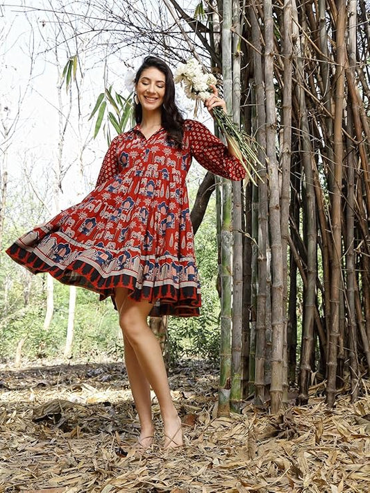 Stylum Women's Rust Ethnic Printed Cotton Flared Dress (DRSRUSTPORI)