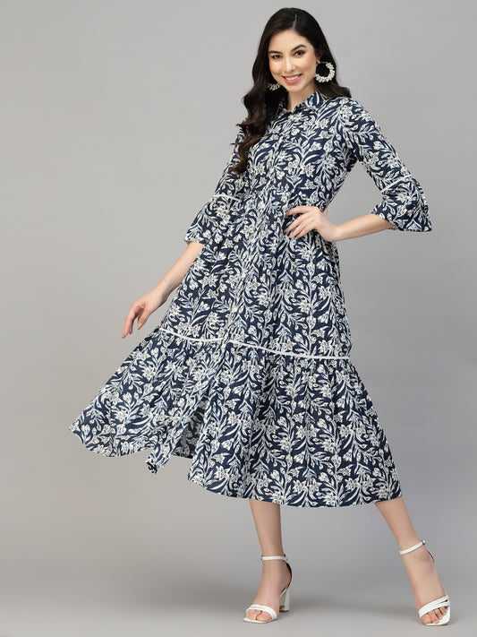 Floral Printed Cotton Midi Dress 