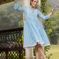 Stylum Women's Sky Blue Khadi Printed Cotton Flared Dress (DRSSKYHAMPI)