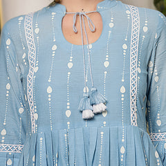 Stylum Women's Sky Blue Khadi Printed Cotton Flared Dress (DRSSKYHAMPI)