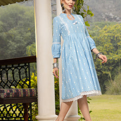 Stylum Women's Sky Blue Khadi Printed Cotton Flared Dress (DRSSKYHAMPI)