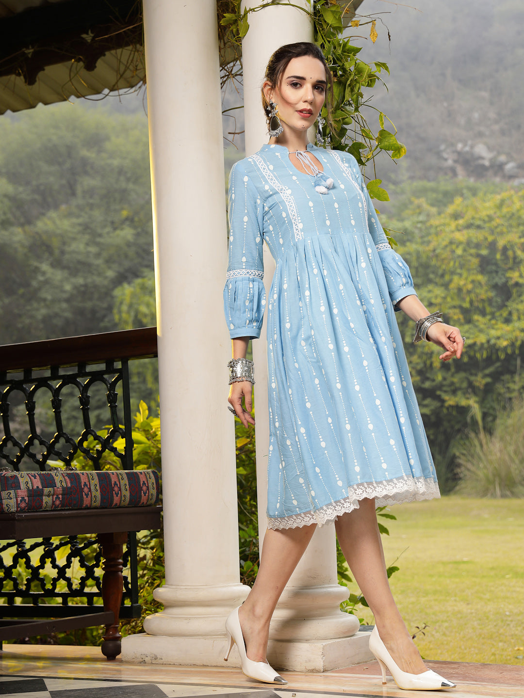 Stylum Women's Sky Blue Khadi Printed Cotton Flared Dress (DRSSKYHAMPI)