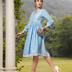 Stylum Women's Sky Blue Khadi Printed Cotton Flared Dress (DRSSKYHAMPI)