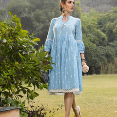 Stylum Women's Sky Blue Khadi Printed Cotton Flared Dress (DRSSKYHAMPI)