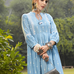 Stylum Women's Sky Blue Khadi Printed Cotton Flared Dress (DRSSKYHAMPI)