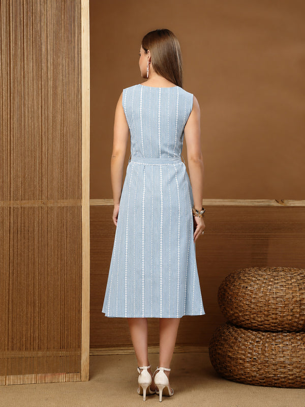 Stylum Women's Sky Blue Self Design Katha Cotton A-Line Dress (DRSSKYPARKER)