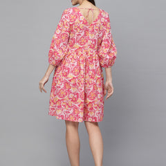 Floral Printed Cotton Flared Dress