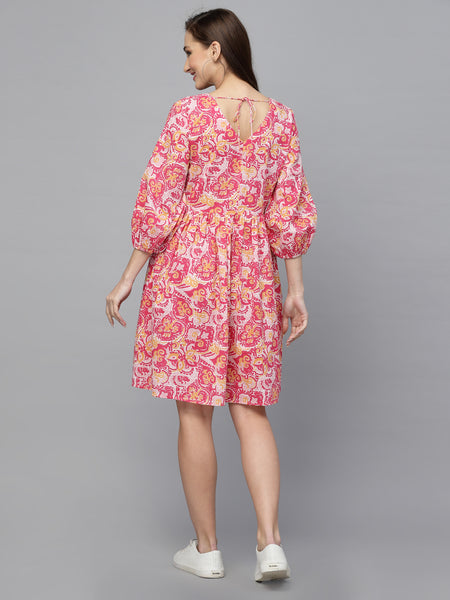 Floral Printed Cotton Flared Dress