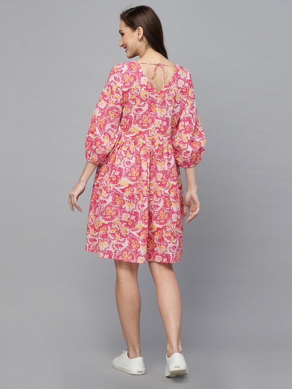 Floral Printed Cotton Flared Dress