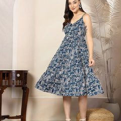 Stylum Women's Teal Blue Floral Printed Polyester Tiered Strappy Dress (DRSTEALBOOMER)