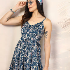 Stylum Women's Teal Blue Floral Printed Polyester Tiered Strappy Dress (DRSTEALBOOMER)
