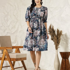 Stylum Women's Teal Blue Floral Printed Rayon Flared Dress  (DRSTEALRIVA)