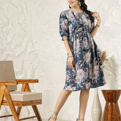 Stylum Women's Teal Blue Floral Printed Rayon Flared Dress  (DRSTEALRIVA)