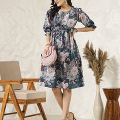 Stylum Women's Teal Blue Floral Printed Rayon Flared Dress  (DRSTEALRIVA)