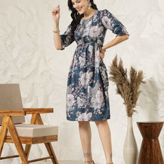 Stylum Women's Teal Blue Floral Printed Rayon Flared Dress  (DRSTEALRIVA)