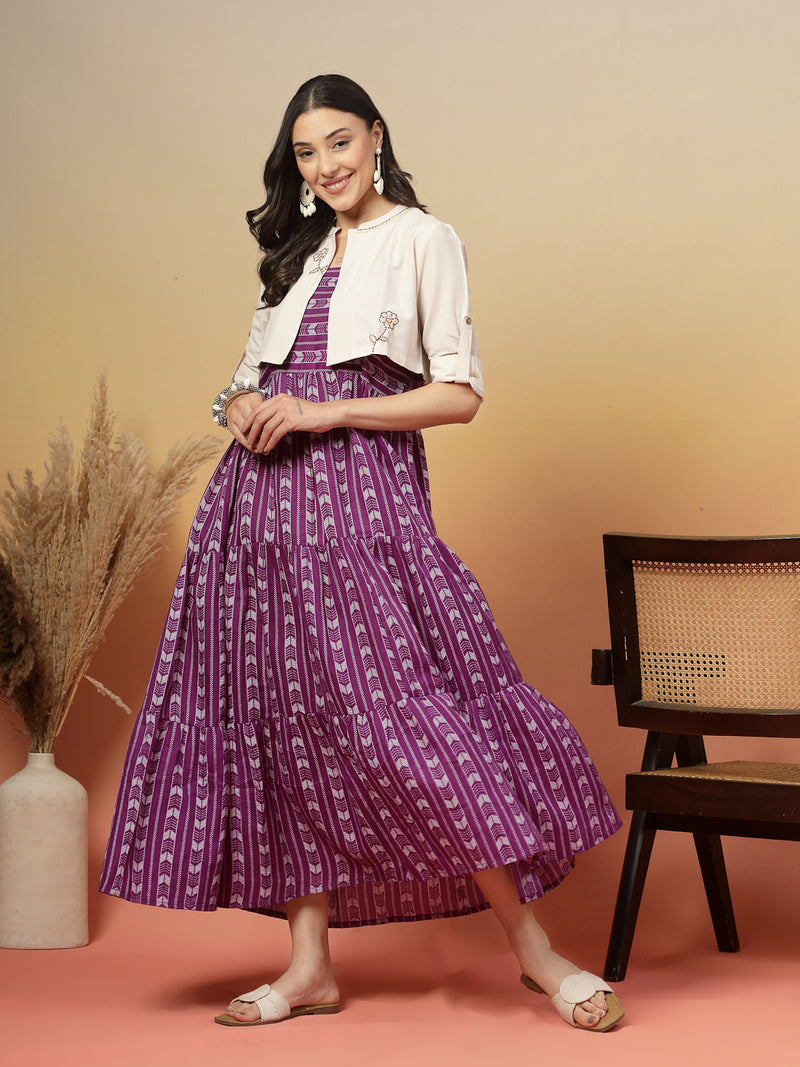 Stylum Women's Violet Woven Printed Cotton Tiered Dress With Cotton Flax Jacket (DRSVOILOAKLEY)