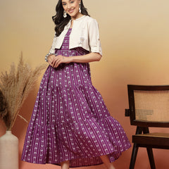 Stylum Women's Violet Woven Printed Cotton Tiered Dress With Cotton Flax Jacket (DRSVOILOAKLEY)