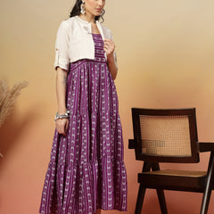 Stylum Women's Violet Woven Printed Cotton Tiered Dress With Cotton Flax Jacket (DRSVOILOAKLEY)