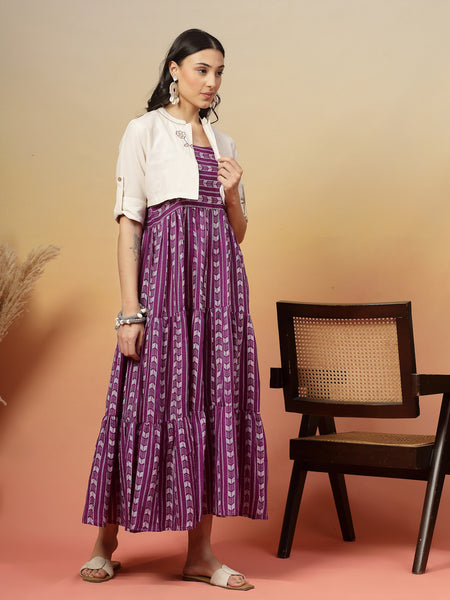 Stylum Women's Violet Woven Printed Cotton Tiered Dress With Cotton Flax Jacket (DRSVOILOAKLEY)