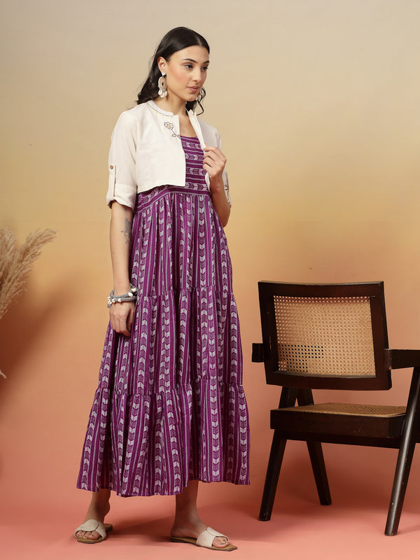 Stylum Women's Violet Woven Printed Cotton Tiered Dress With Cotton Flax Jacket (DRSVOILOAKLEY)