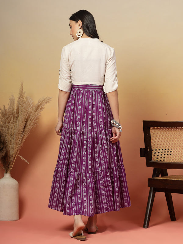 Stylum Women's Violet Woven Printed Cotton Tiered Dress With Cotton Flax Jacket (DRSVOILOAKLEY)