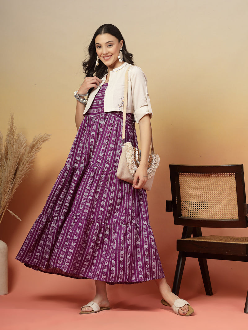 Stylum Women's Violet Woven Printed Cotton Tiered Dress With Cotton Flax Jacket (DRSVOILOAKLEY)
