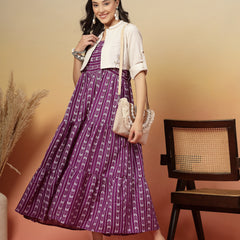 Stylum Women's Violet Woven Printed Cotton Tiered Dress With Cotton Flax Jacket (DRSVOILOAKLEY)
