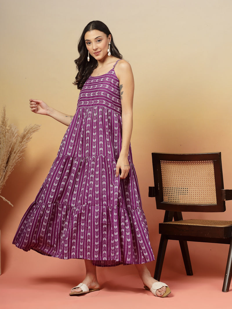 Stylum Women's Violet Woven Printed Cotton Tiered Dress With Cotton Flax Jacket (DRSVOILOAKLEY)