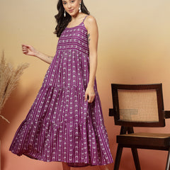 Stylum Women's Violet Woven Printed Cotton Tiered Dress With Cotton Flax Jacket (DRSVOILOAKLEY)
