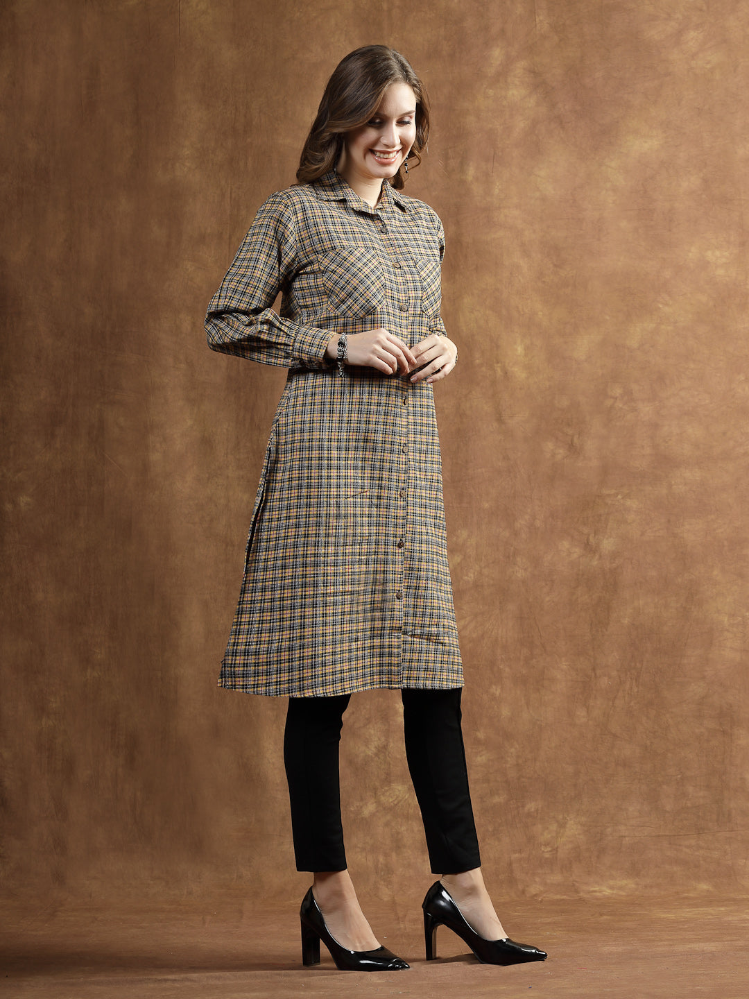 Stylum Women's Semi Woolen Checked Wool Blend Blazer Dress (DRSWFALLMUSTARD)