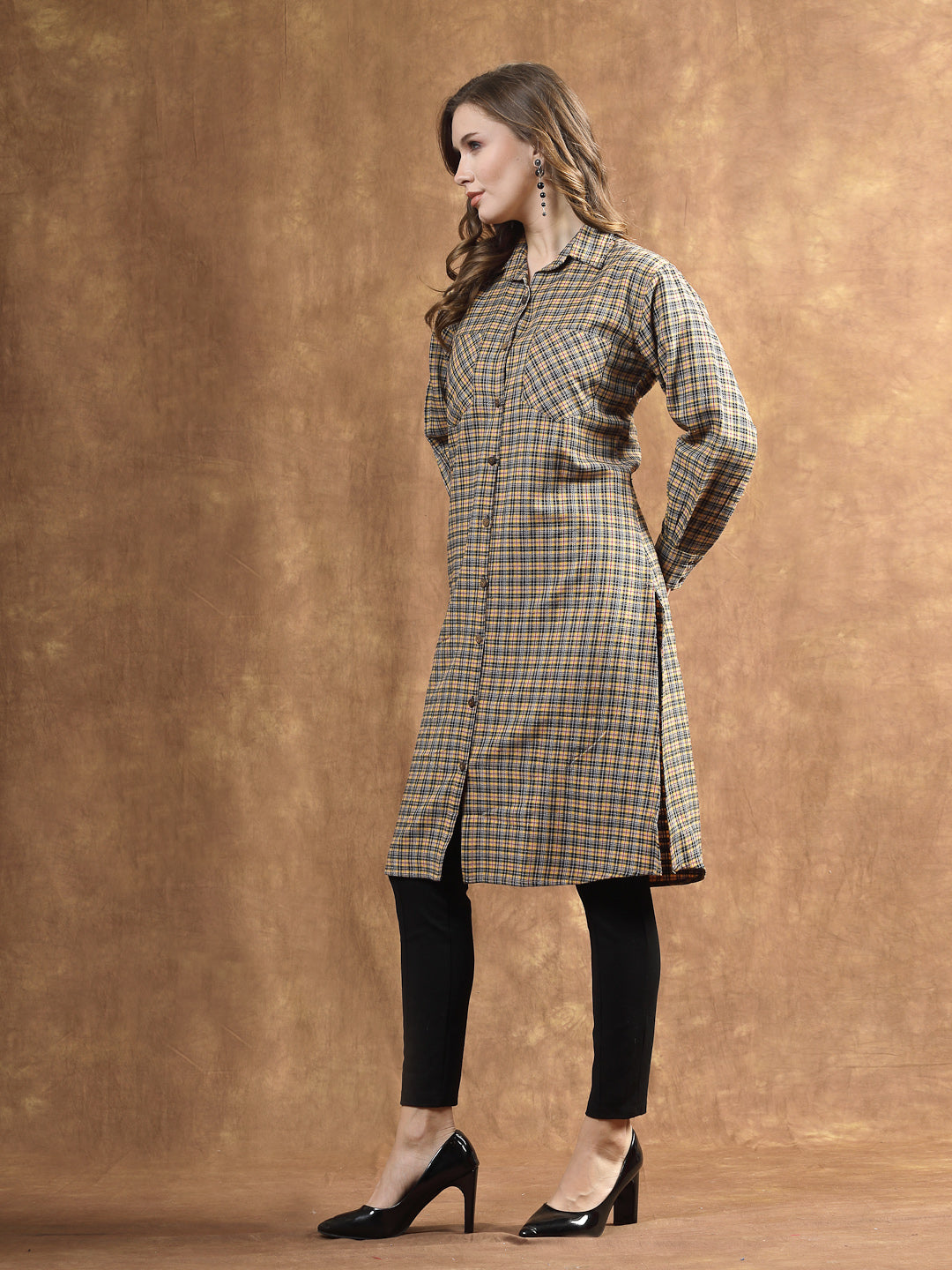 Stylum Women's Semi Woolen Checked Wool Blend Blazer Dress (DRSWFALLMUSTARD)