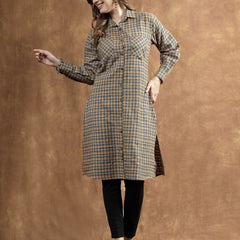 Stylum Women's Semi Woolen Checked Wool Blend Blazer Dress (DRSWFALLMUSTARD)