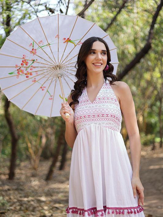 Stylum Women's White Solid & Embroidered Italian Crepe Flared Dress (DRSWHITEARYA)