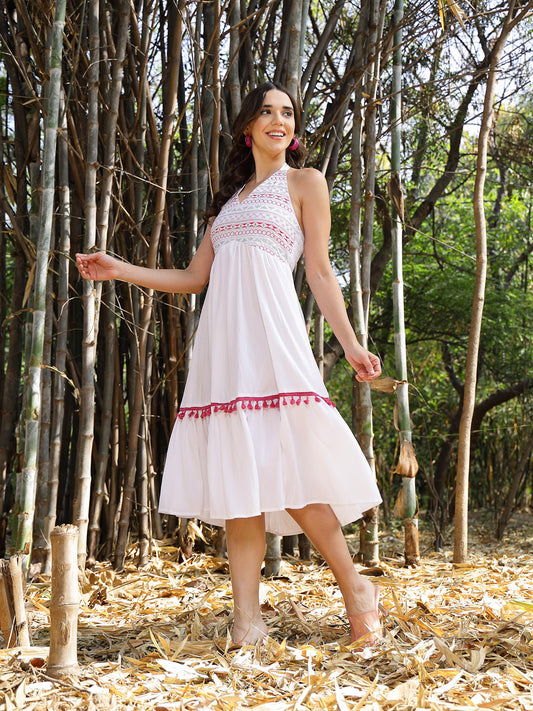 Stylum Women's White Solid & Embroidered Italian Crepe Flared Dress (DRSWHITEARYA)